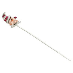 Vintage Ruby and Diamond, Enamel and White Gold Mr Punch Pin Brooch