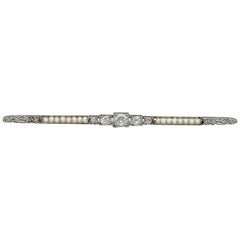 Antique Diamond and Seed Pearl White Gold Bar Brooch