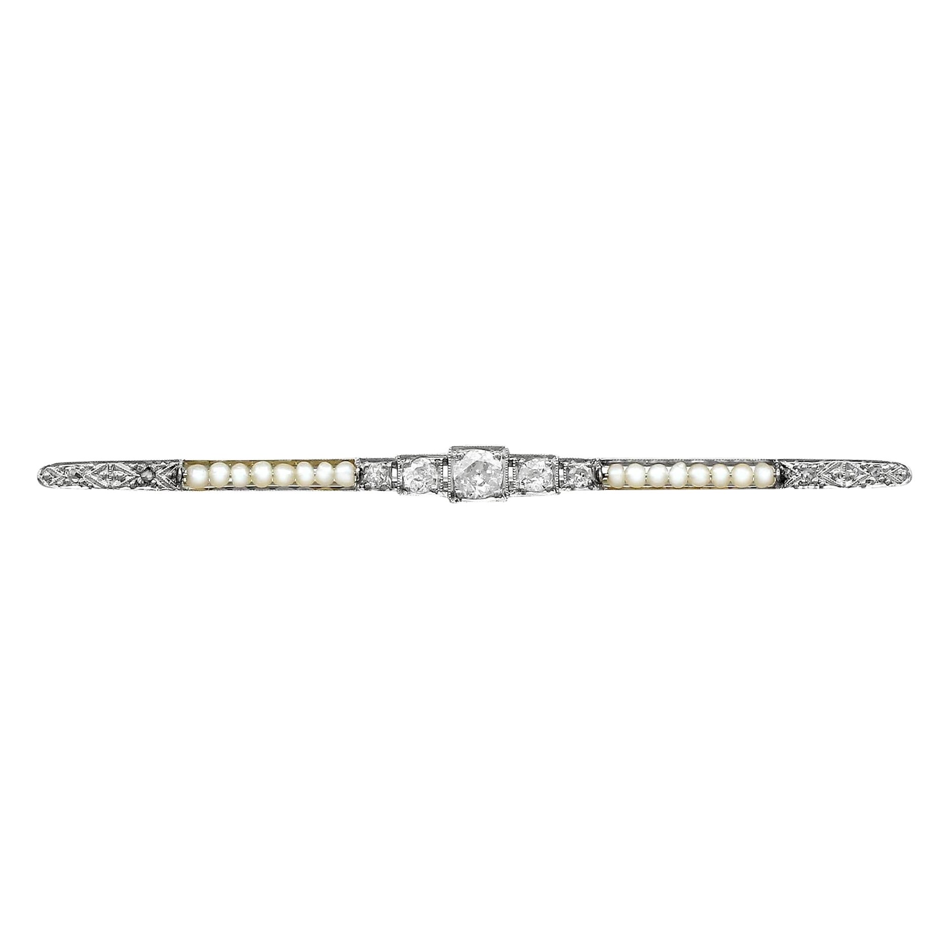 Antique Diamond and Seed Pearl White Gold Bar Brooch
