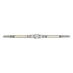 Antique Diamond and Seed Pearl White Gold Bar Brooch