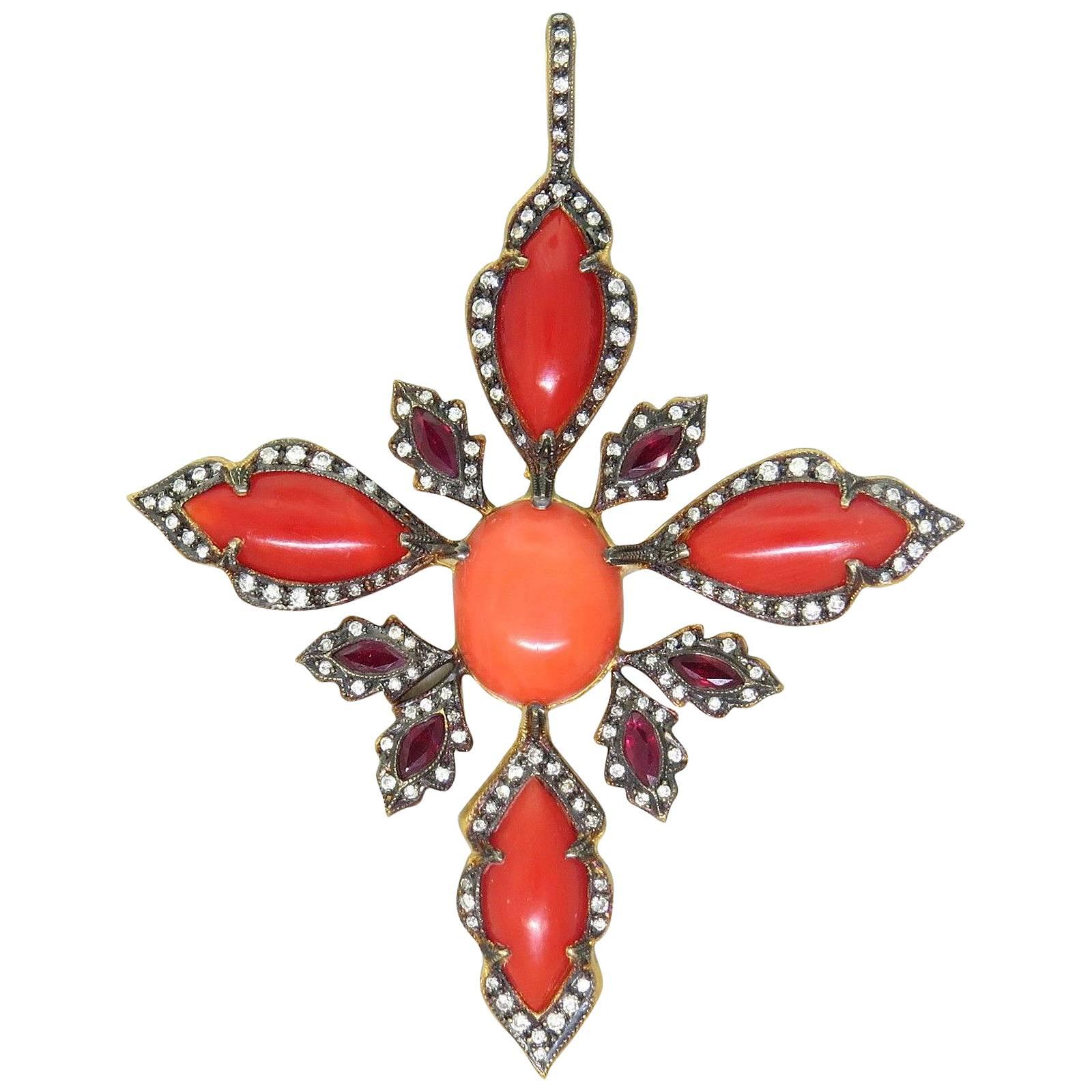 Cathy Waterman Coral Ruby Diamond Gold Pendant