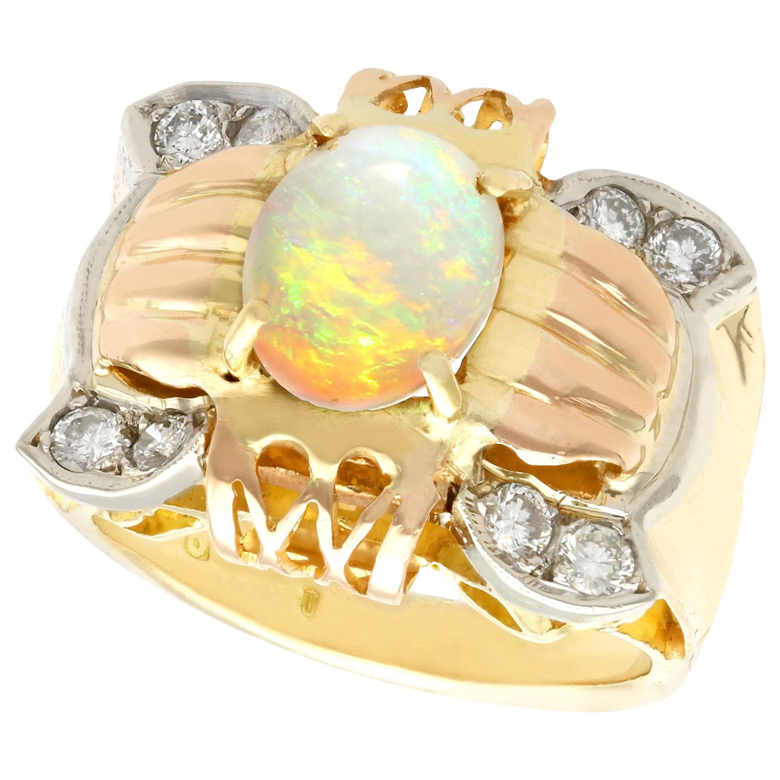 1940s 1.55 Carat Opal and Diamond Yellow Rose and White Gold Cocktail Ring