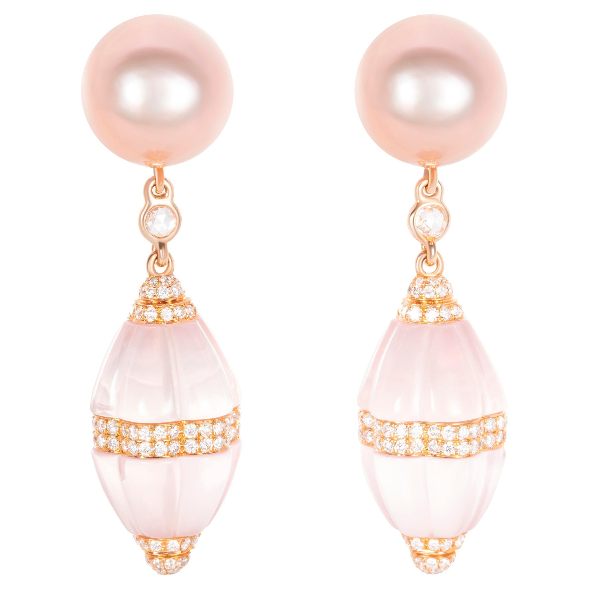 35.90 Carat Pink Crystal Pink Pearl Diamond 18K Rose Gold Drop Earrings For Sale
