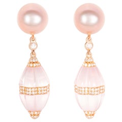 35.90 Carat Pink Crystal Pink Pearl Diamond 18K Rose Gold Drop Earrings