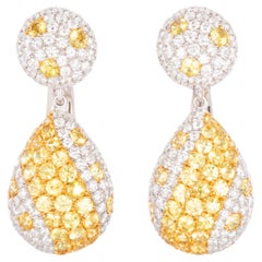 6.17 Carat Pavé Yellow Sapphire White Diamond 18 Karat White Gold Drop Earrings