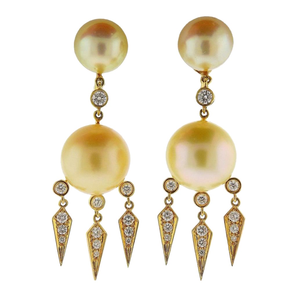 Assael Prince Dimitri Diamond South Sea Pearl Gold Drop Earrings For Sale