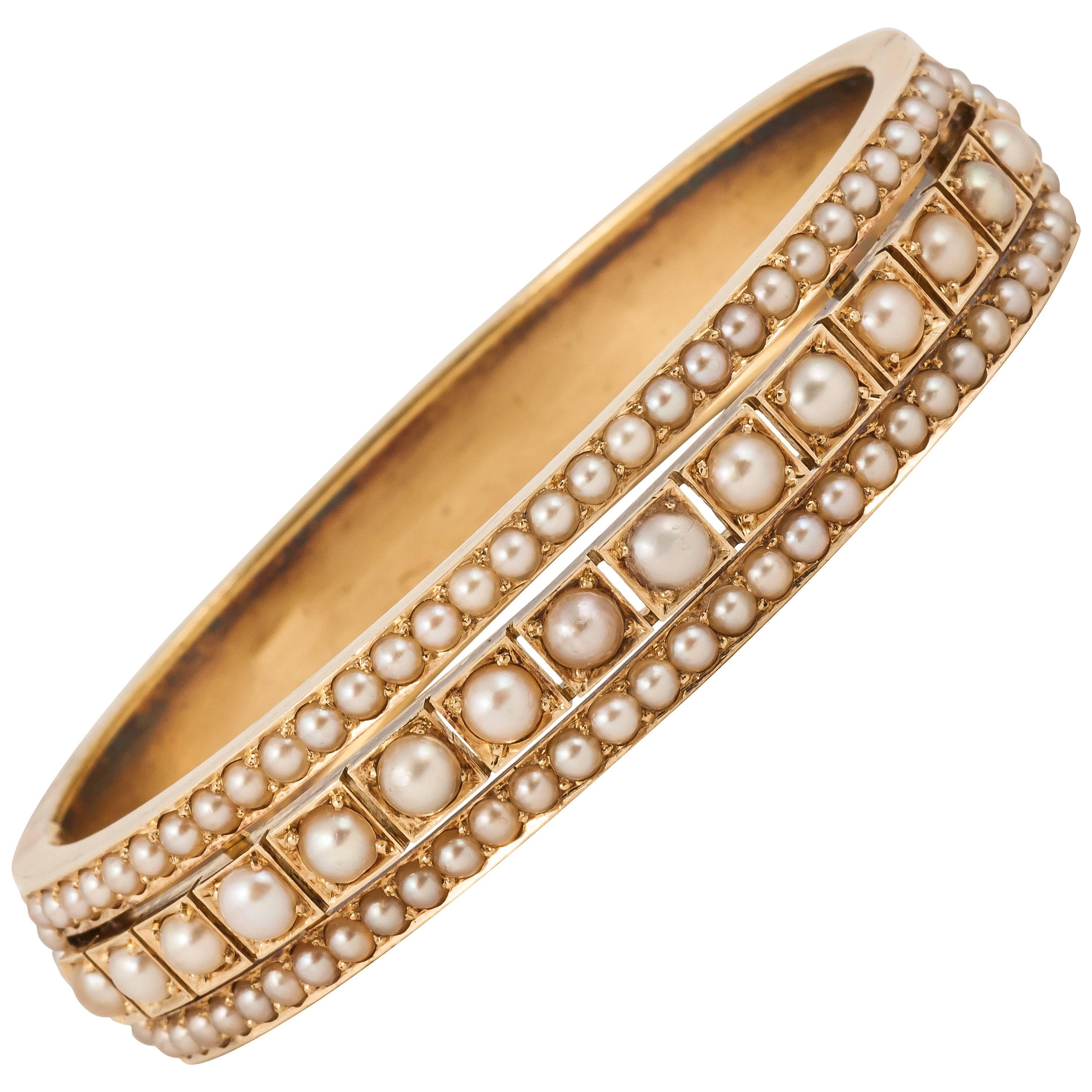 Edwardian Pearl Gold Bangle Bracelet For Sale