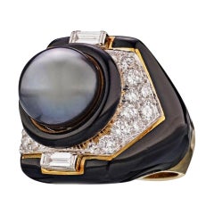 Vintage David Webb Yellow Gold 18 Karat Tahitian Cultured Pearl Diamond Black Onyx Ring