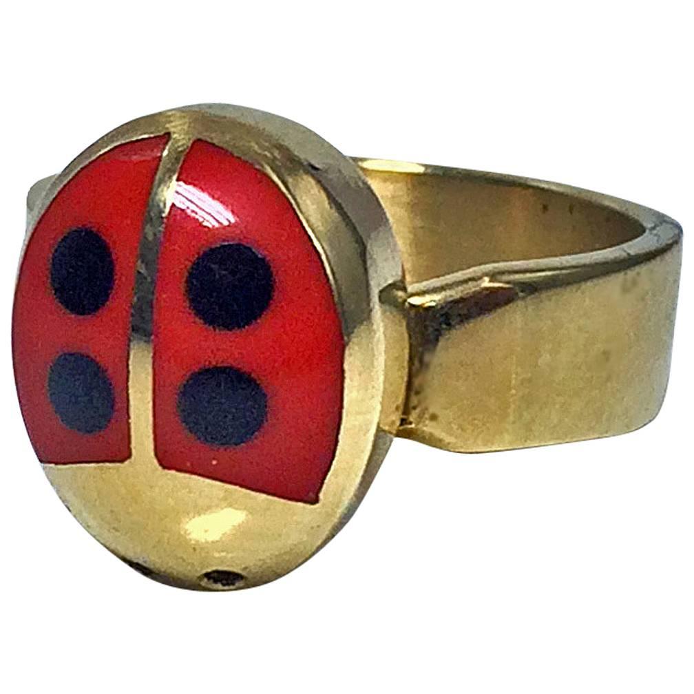 Walter Schluep Red Enamel Gold Ladybug Ring.