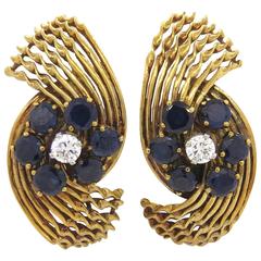 French 1960s Diamond Sapphire Gold Earrings