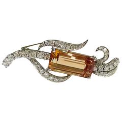 Vintage Orange Topaz Diamond Platinum Brooch