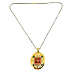 Victorian Yellow Gold Emerald Coral Enamel Locket Pendant Chain Necklace