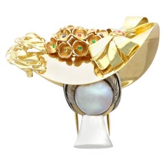 Mabe Pearl Fancy Yellow Diamond Ruby Sapphire and Emerald Yellow Gold Brooch