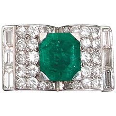 Art Deco French Emerald Diamond Platinum Ring