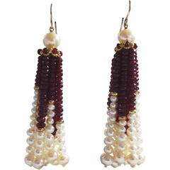 Marina J. Elegant Pearl Ruby Gold Tassel Earrings