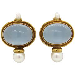 Elizabeth Gage Milky Aquamarine Pearl Gold Earrings