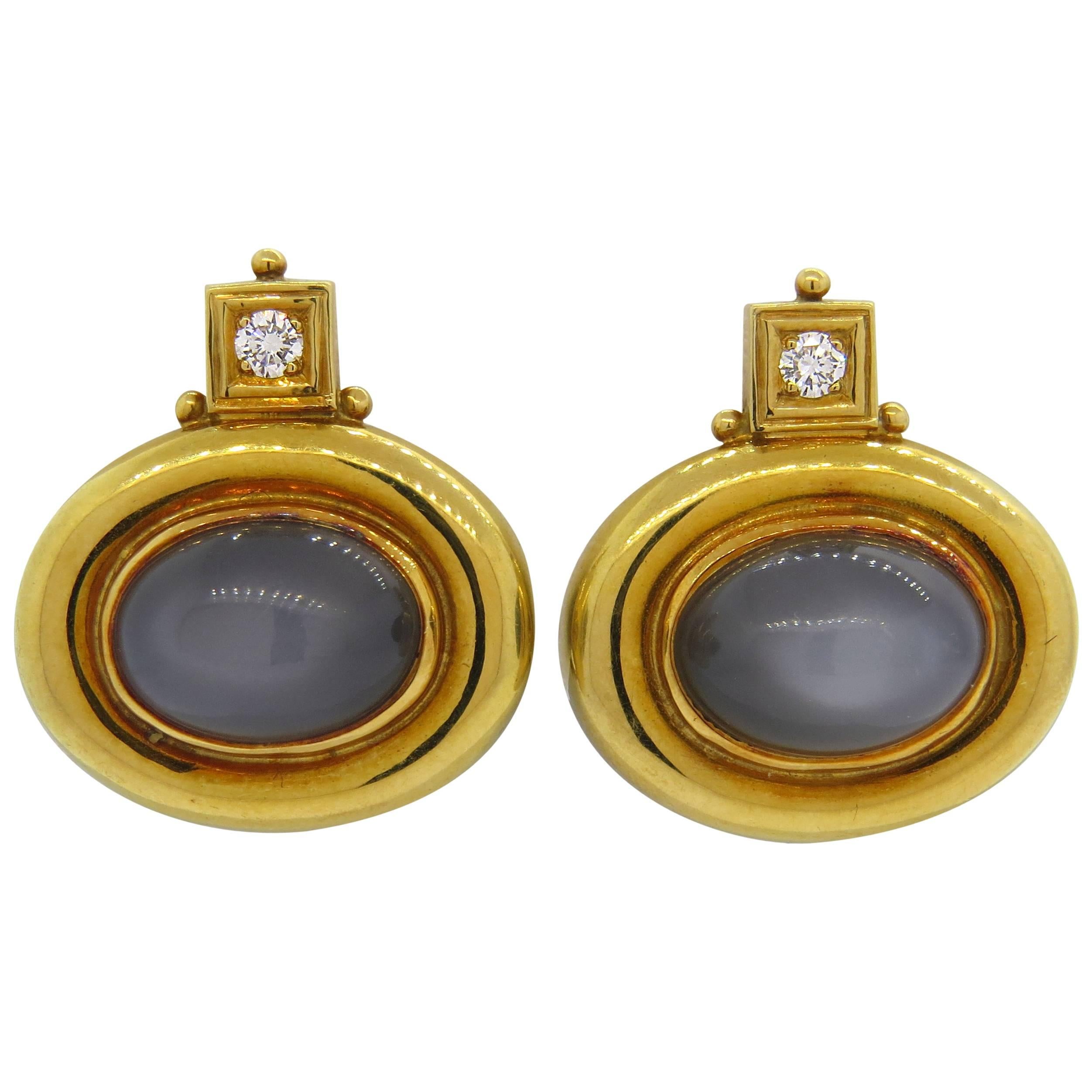 Elizabeth Gage Grey Moonstone Diamond Gold Earrings