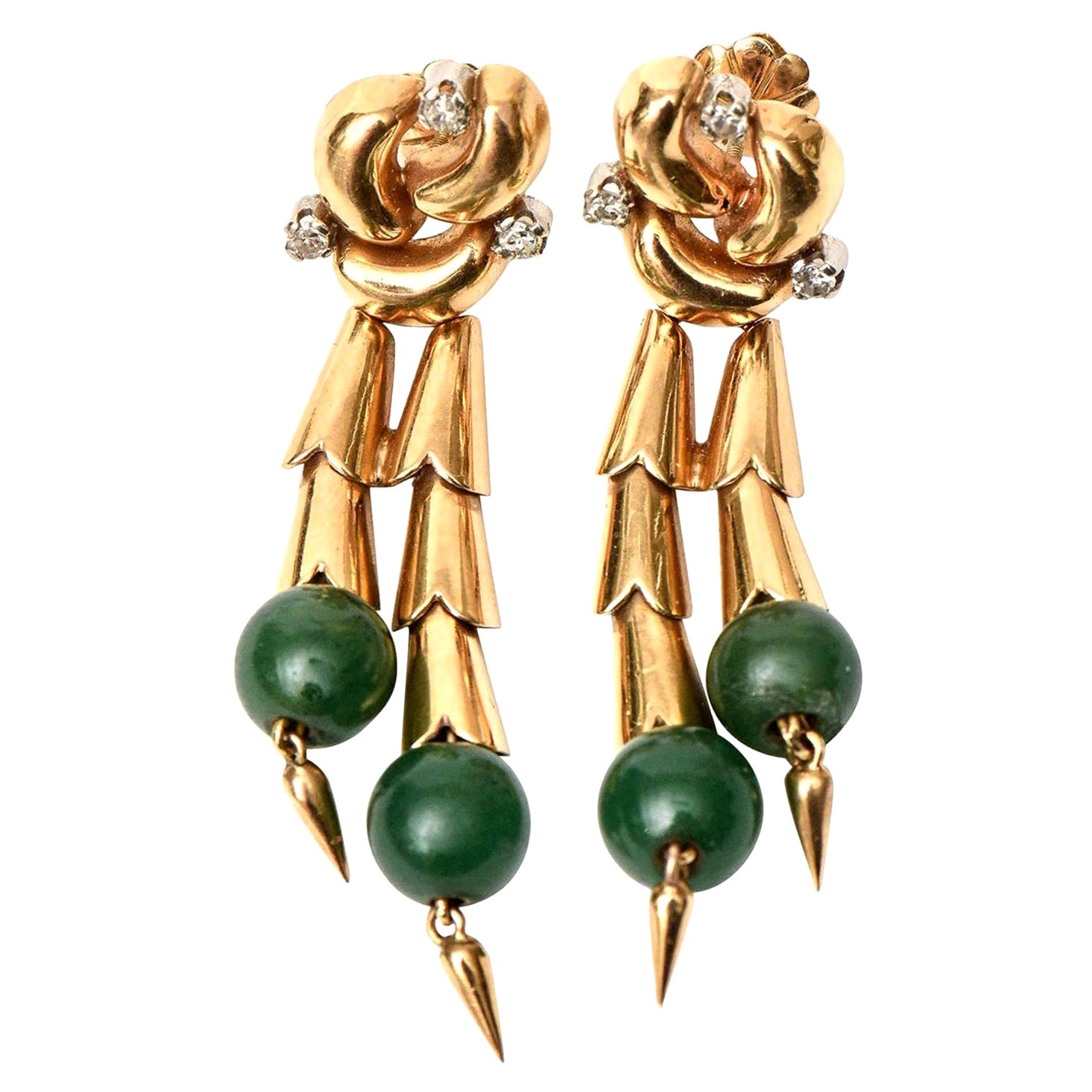 Jade, 14 Karat Rose Gold and Diamond Retro Pierced Dangle Earrings For Sale
