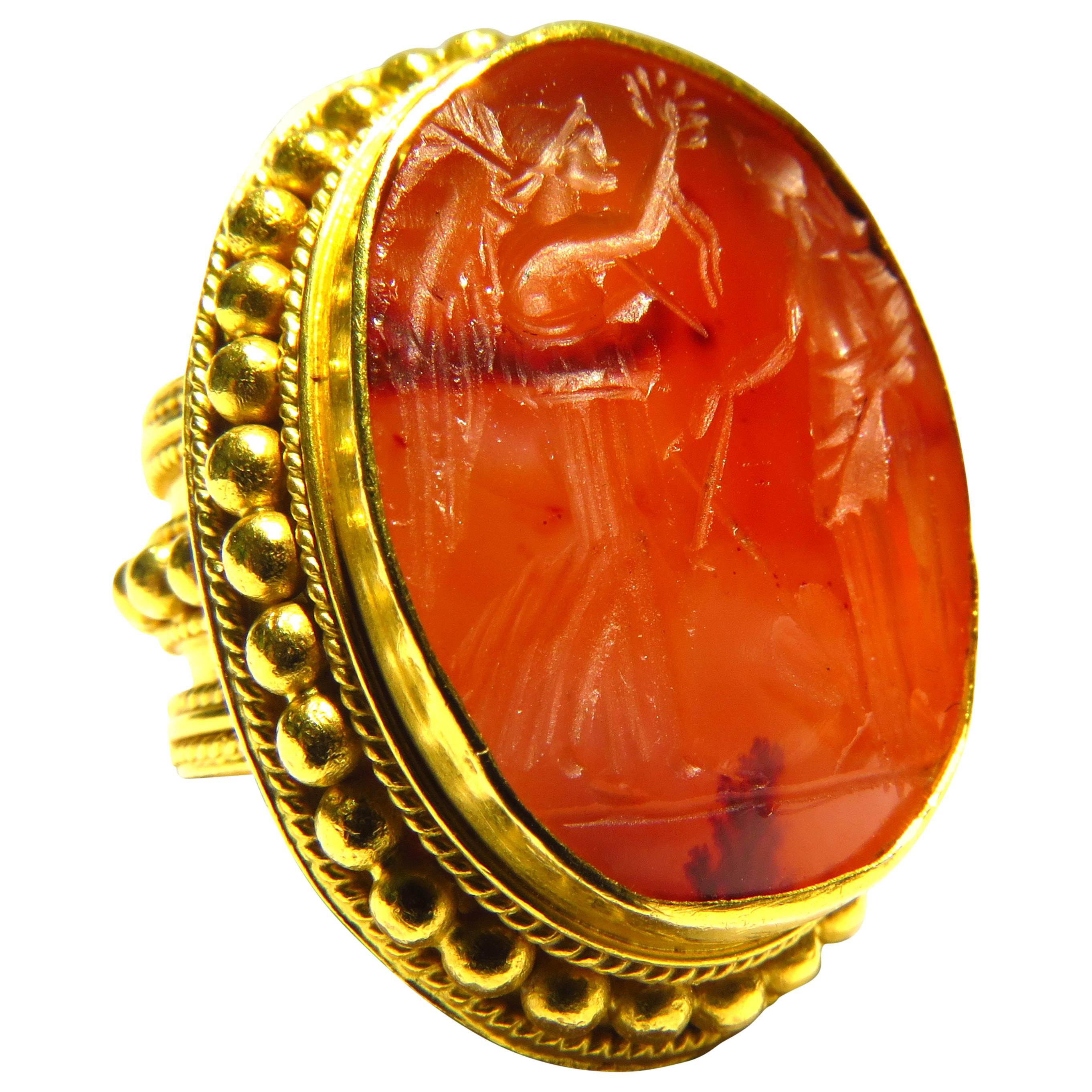 Antique Carnelian Agate Etruscan Gold Angel Motif Seal Ring