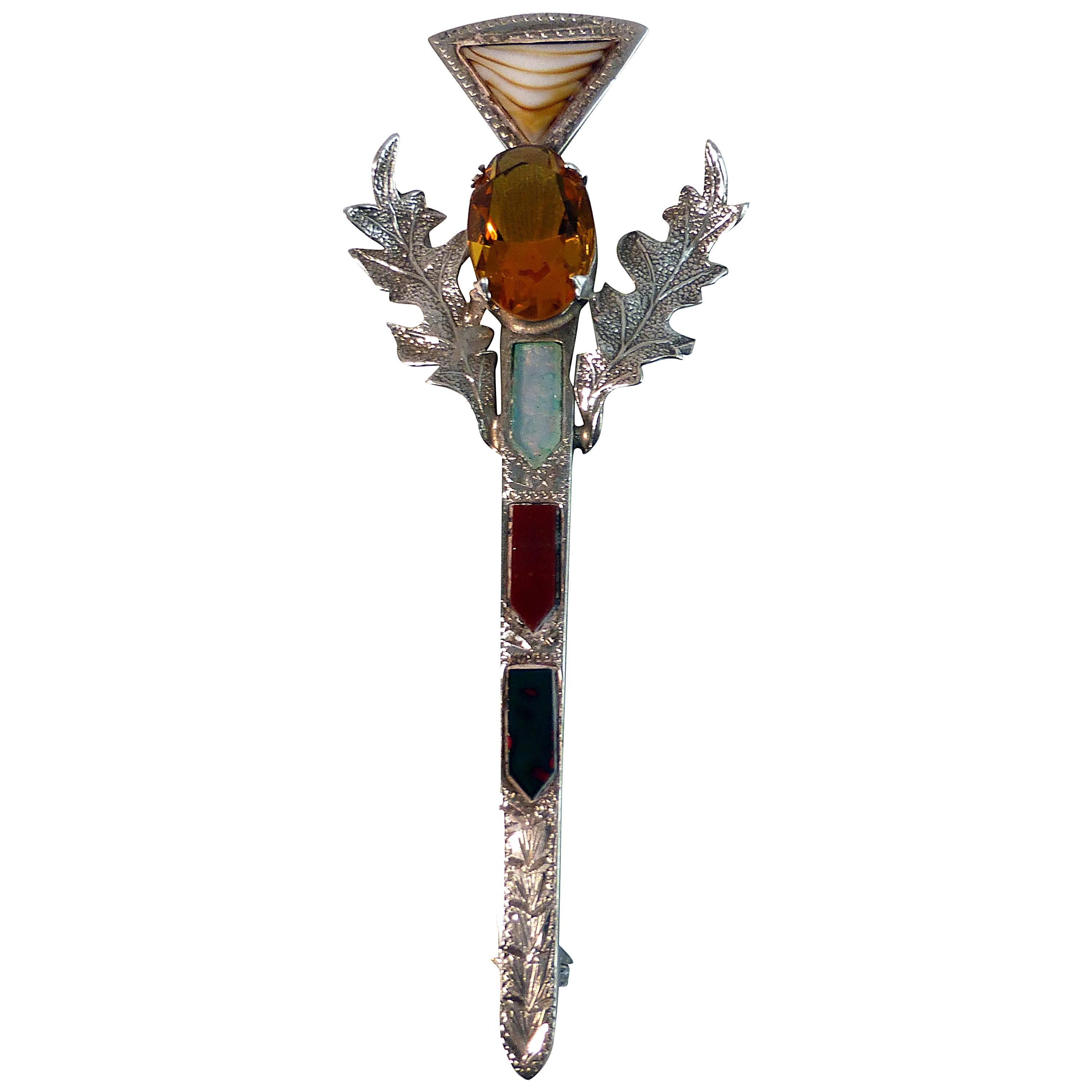 Large Mounted Scottish Agate Sterling Silver Kilt Pin/Brooch