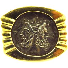 Antique Unique Ancient Coin Roman God Janus Denarius Gold  Ring