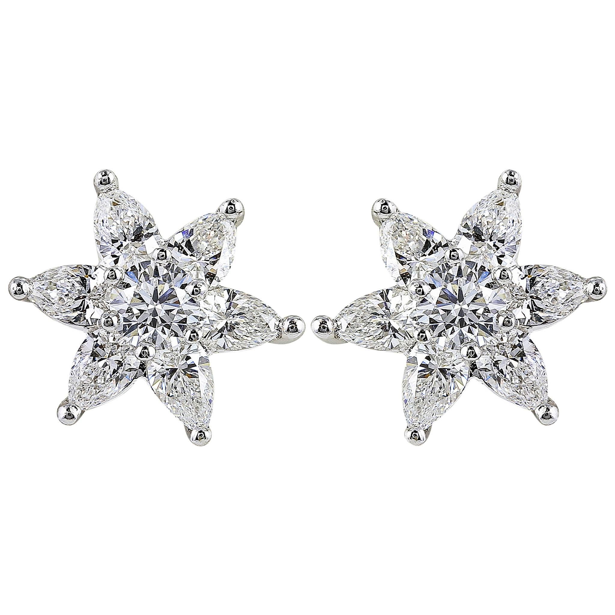 1.85 Carat Star Shaped Diamond Gold Earrings For Sale