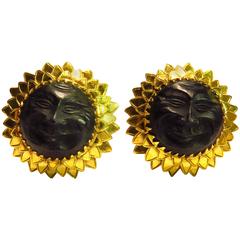 Vintage French Amazingly Sunny and Happy Gold Sun Face Earrings