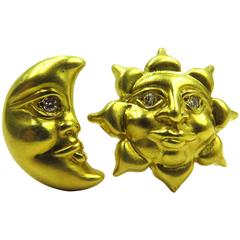 Uniquely Romantic Moon and Sun Diamond Gold Earrings