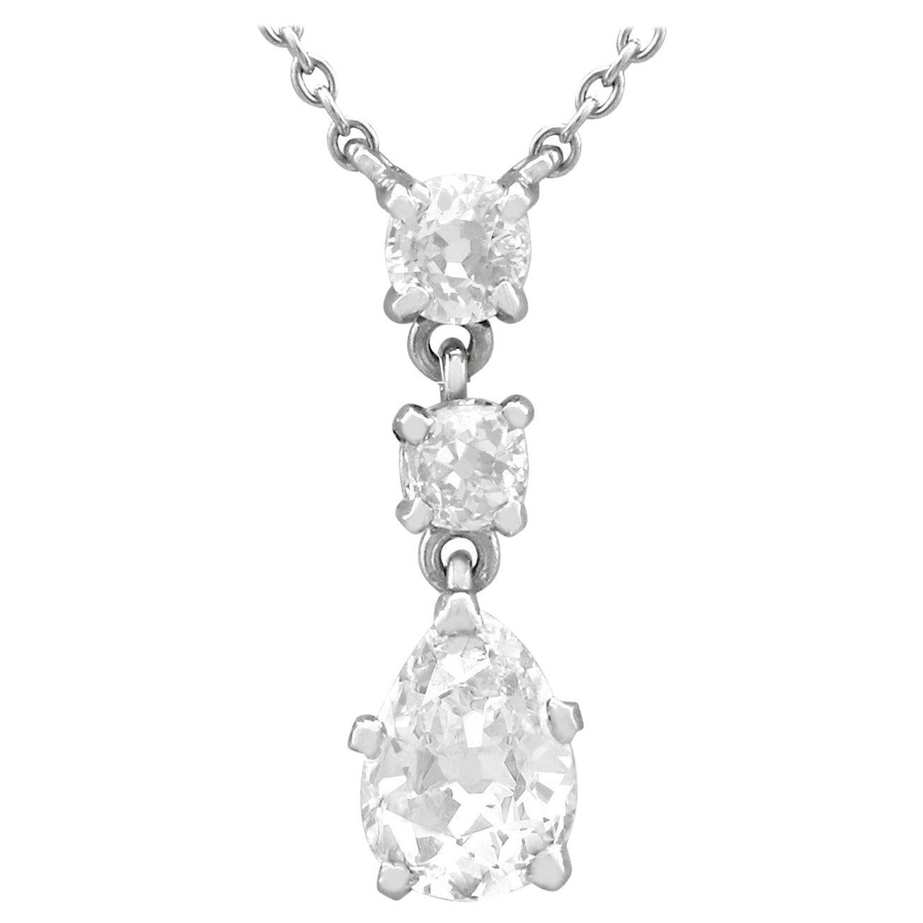 Antique 1930s 1.42 Carat Diamond White Gold Drop Necklace For Sale