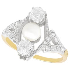 Bague cocktail ancienne en or jaune avec diamants et perles de 1,15 carat