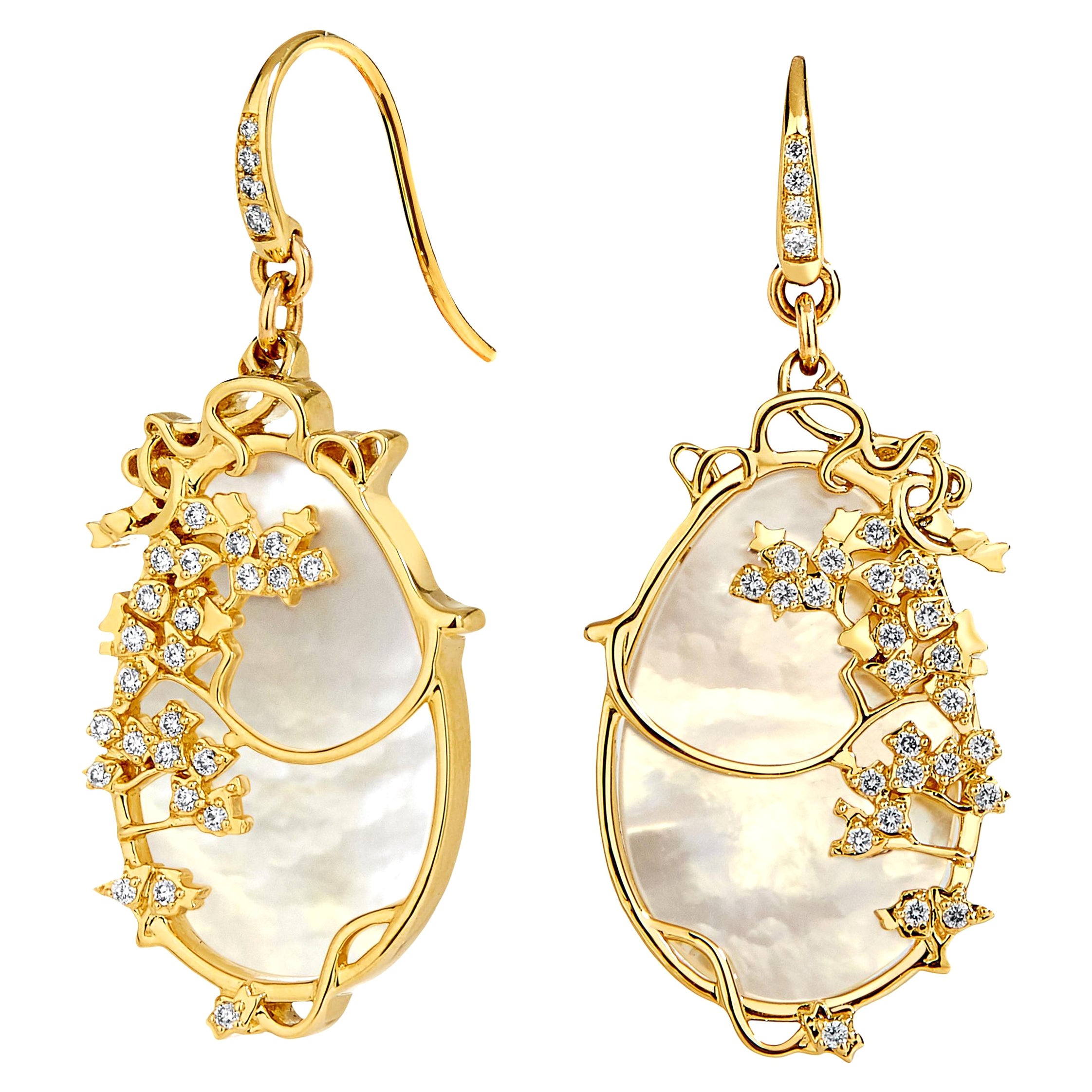 Syna Mother of Pearl Yellow Gold Earrings with Diamonds For Sale