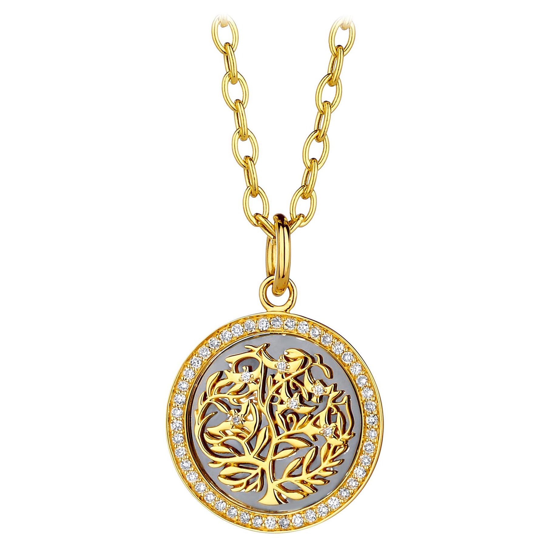 Syna Yellow Gold and Oxidized Silver Tree of Life Pendant with Diamond For Sale