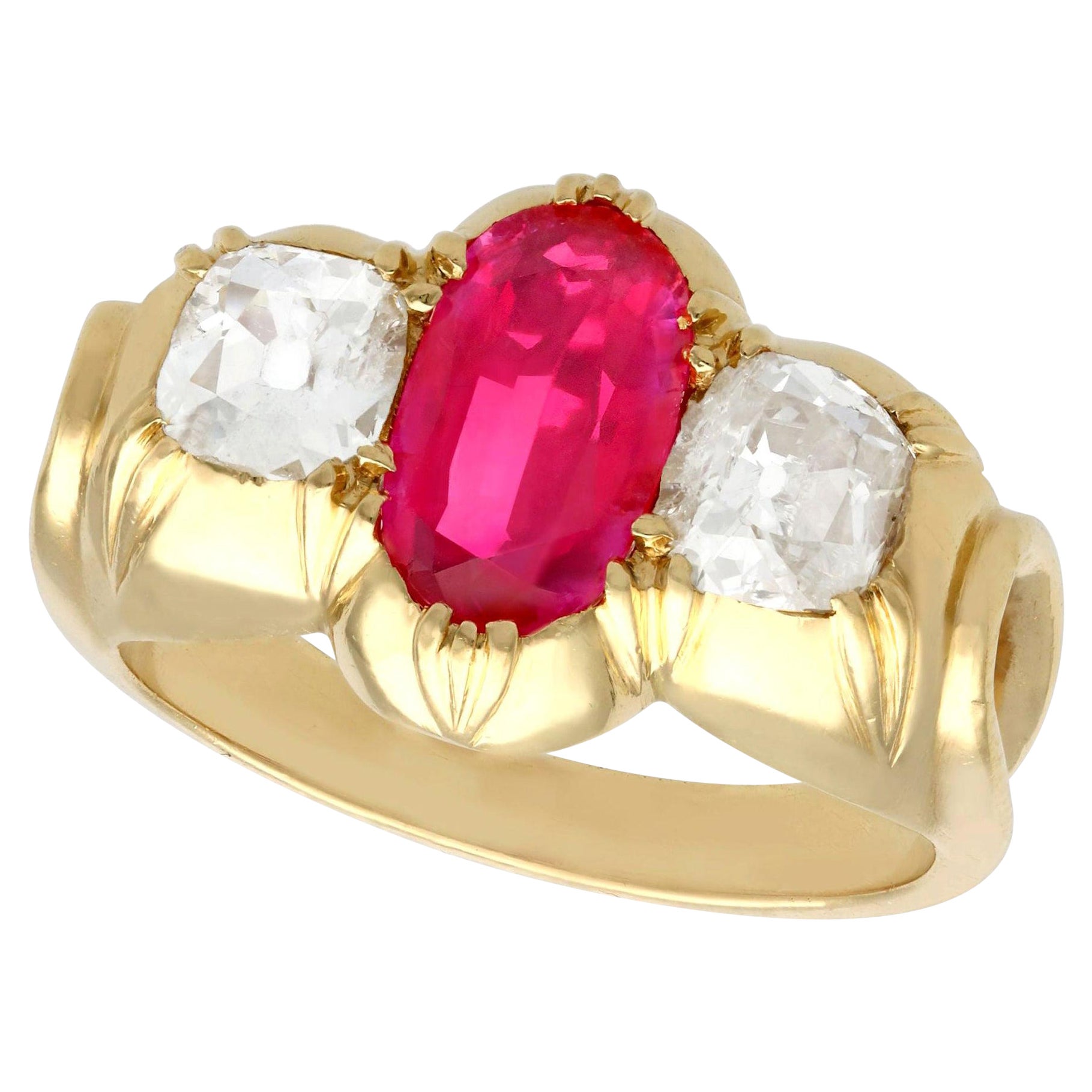 Antique 2 Carat Oval Cut Ruby and Diamond Yellow Gold Cocktail Ring For Sale