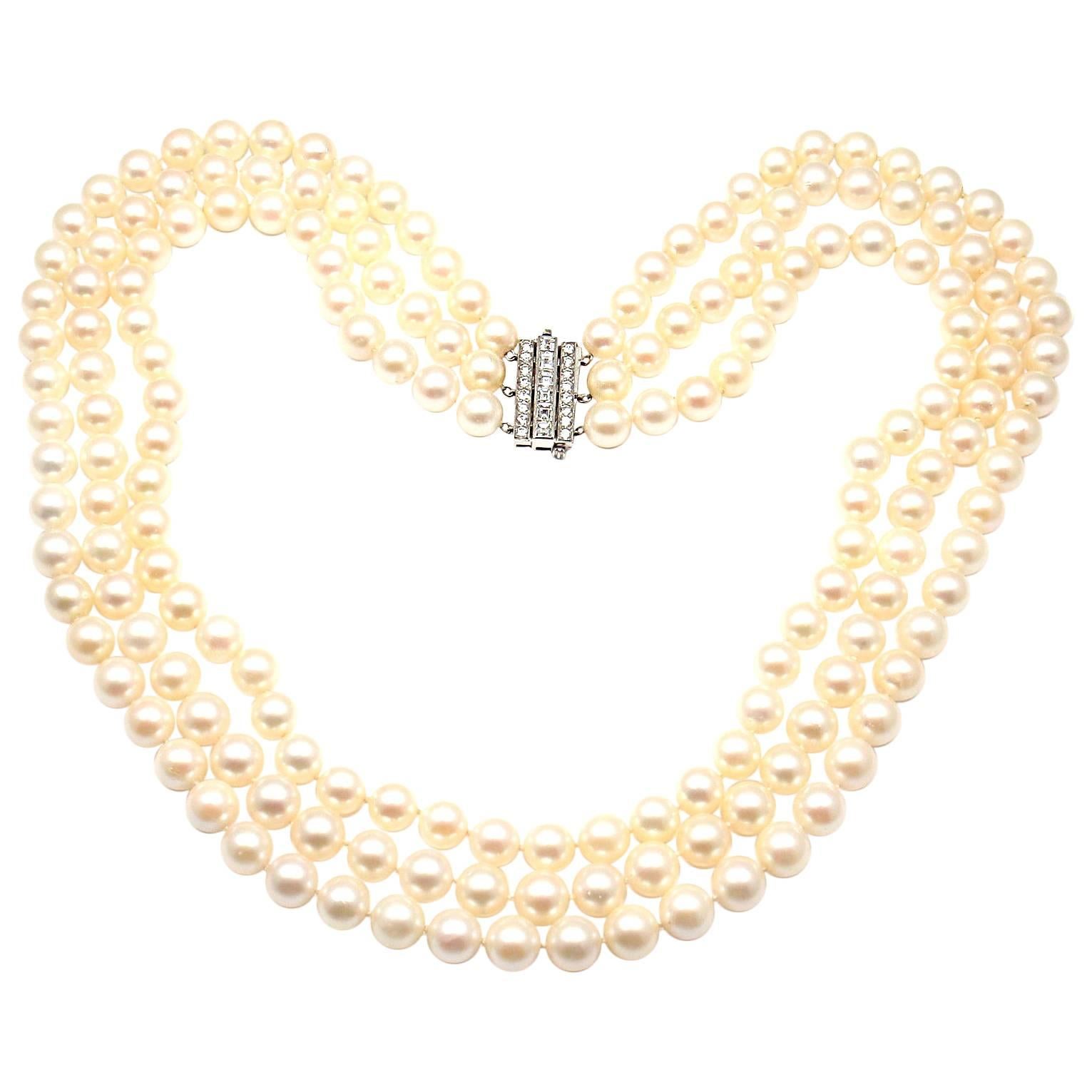 Tiffany & Co. Triple Strand Cultured Pearl Diamond Platinum Necklace