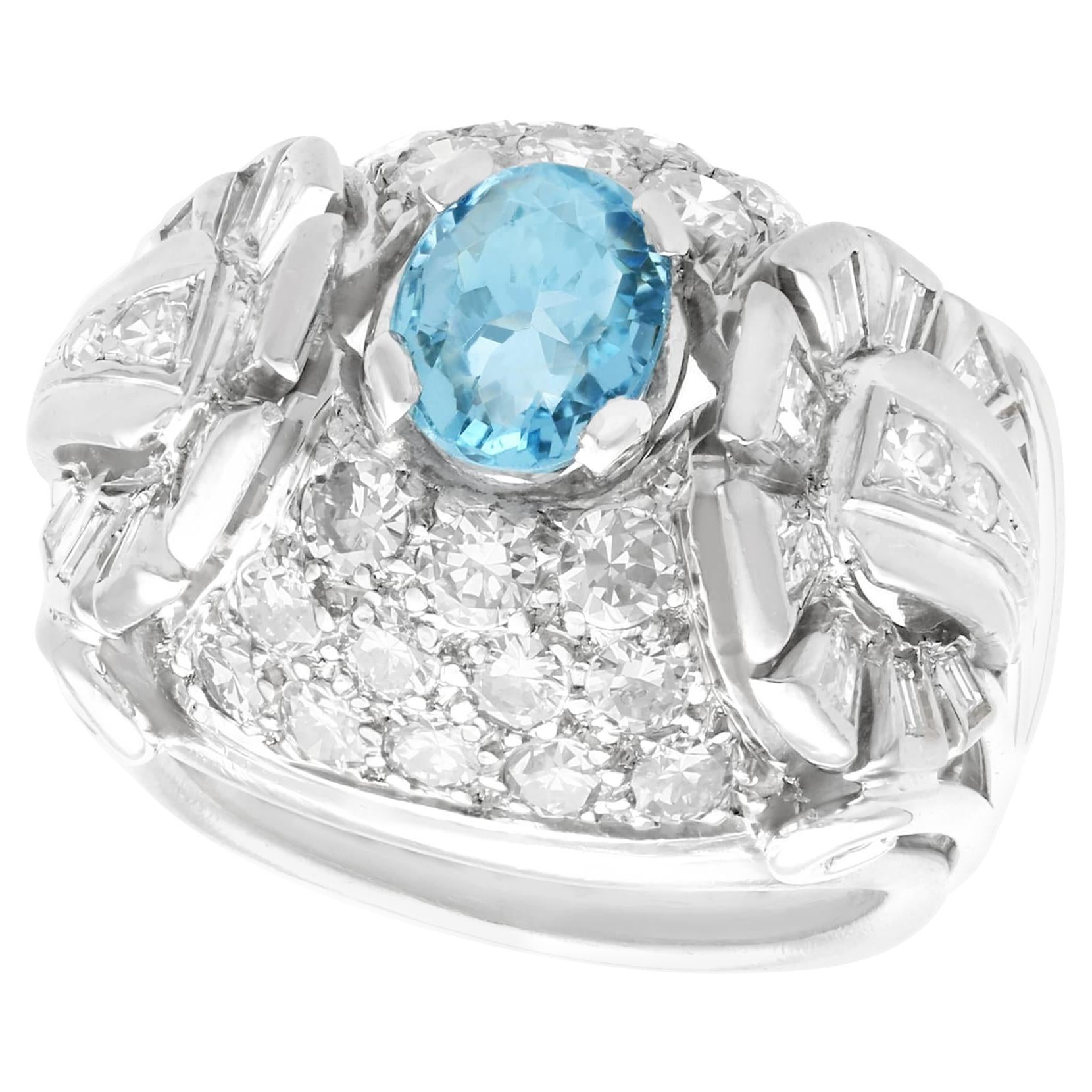 Vintage Oval Cut Aquamarine and Diamond Palladium Ring For Sale