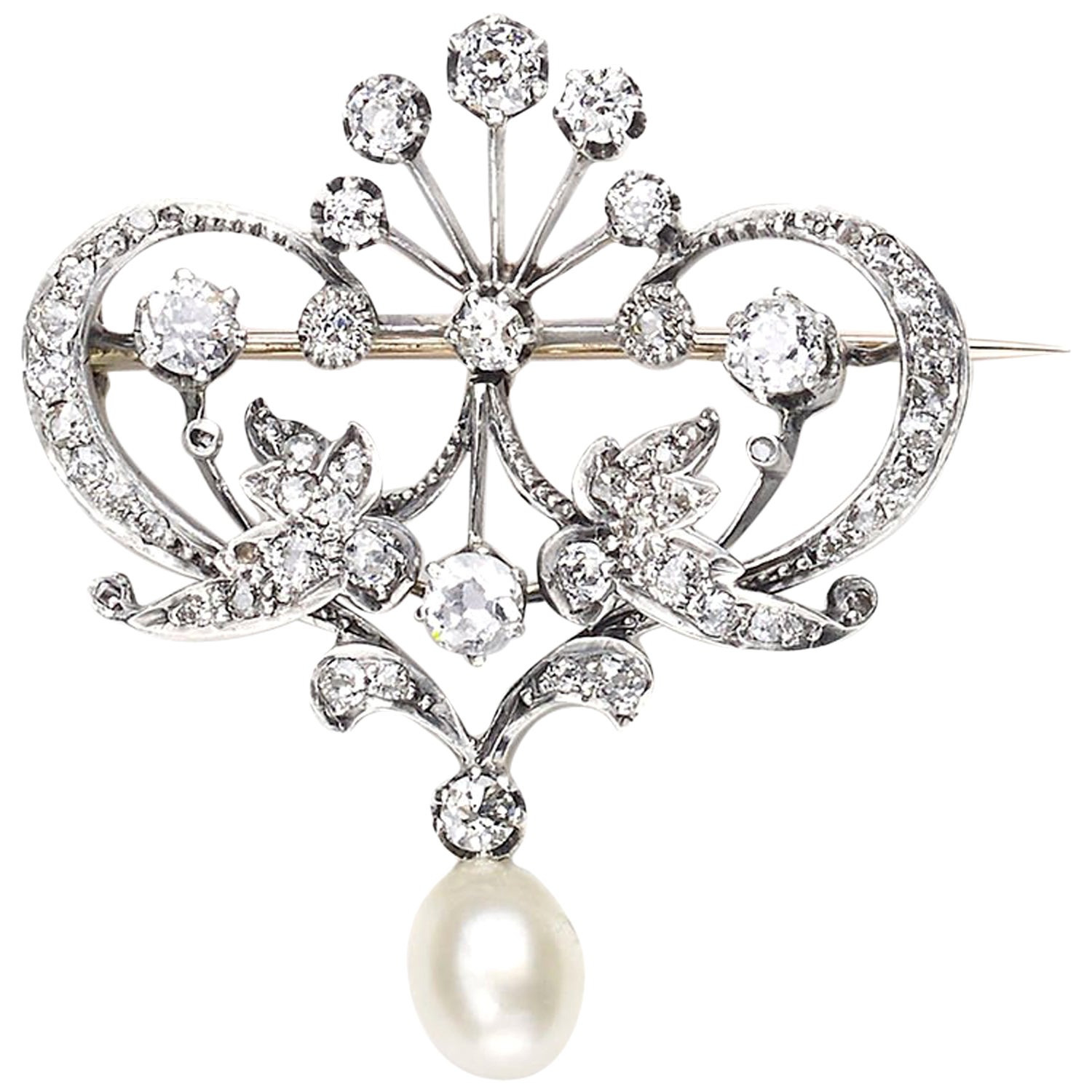 Antique Diamond Pearl Gold Crown Brooch For Sale at 1stDibs