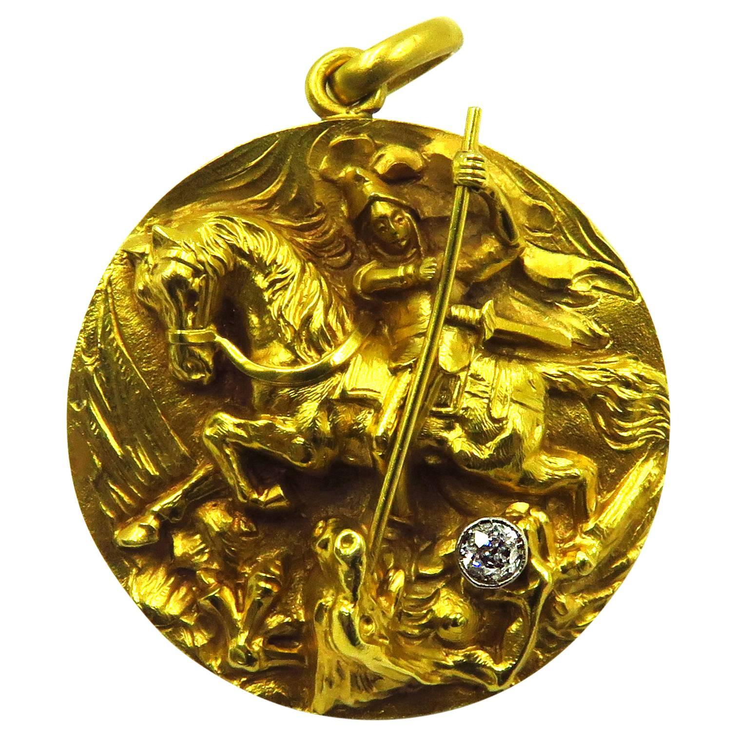 High Relief Diamond Gold Saint George and The Dragon Locket Charm Pendant