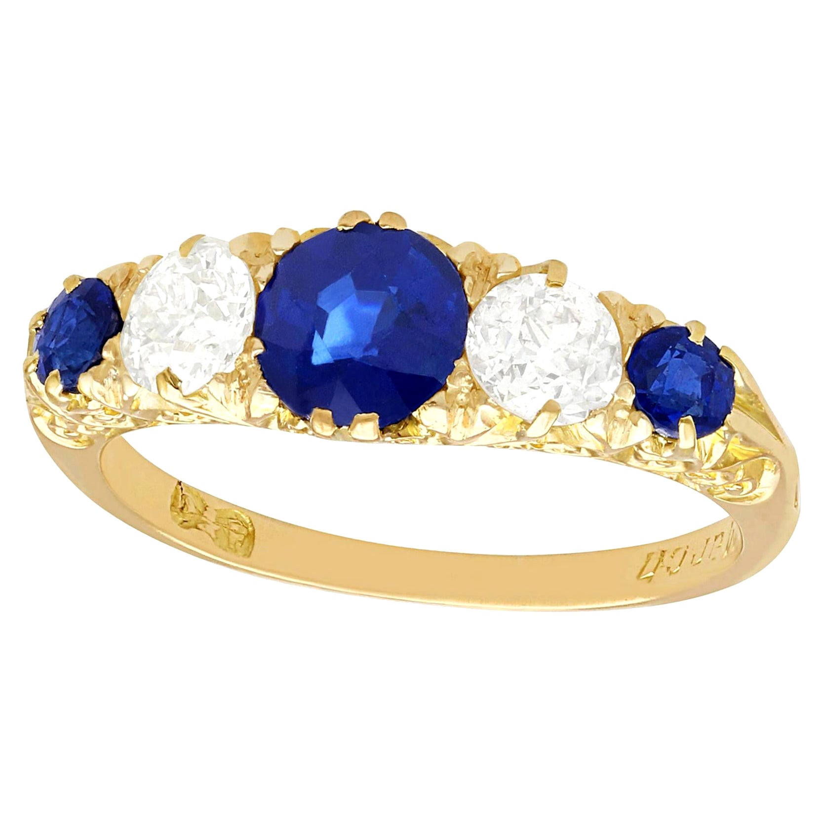 Antique 1.39 Carat Sapphire and Diamond Yellow Gold Five-Stone Ring