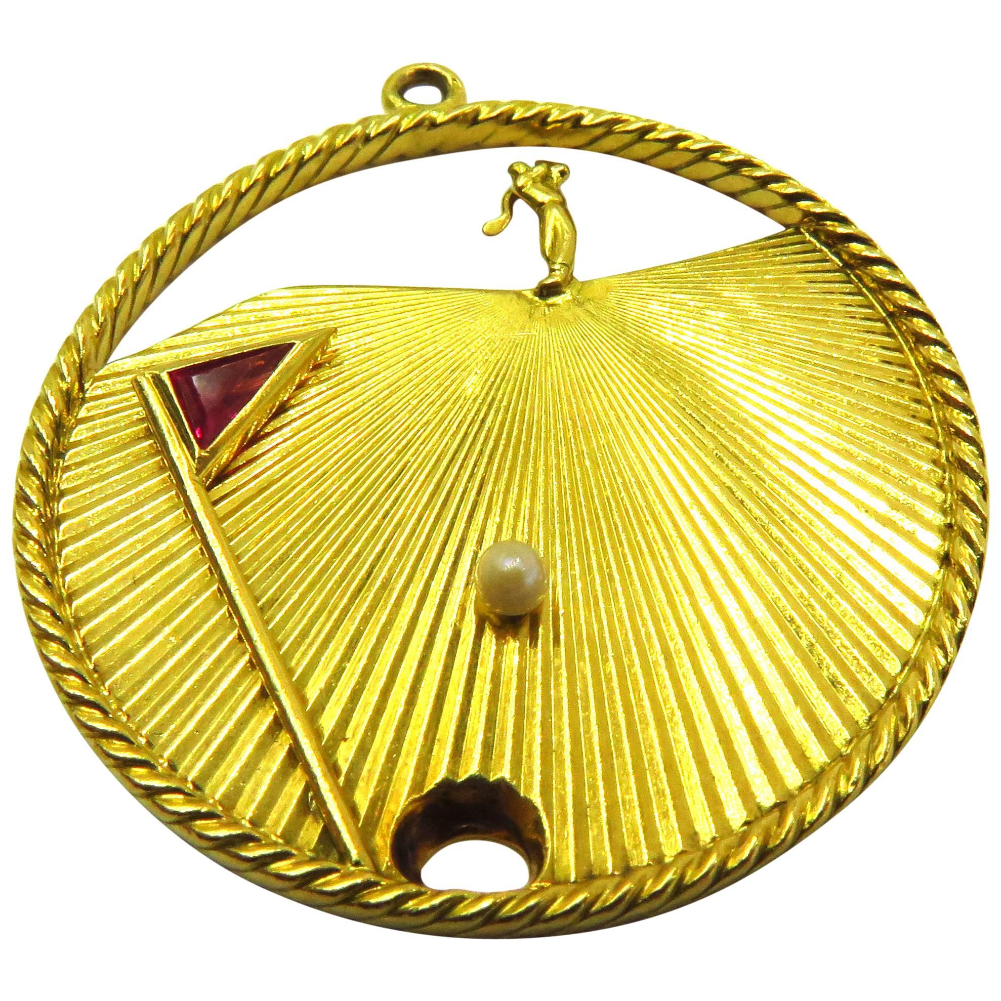 Tiffany & Co France 1950s Golf Hole in One Large Gold Charm Pendant
