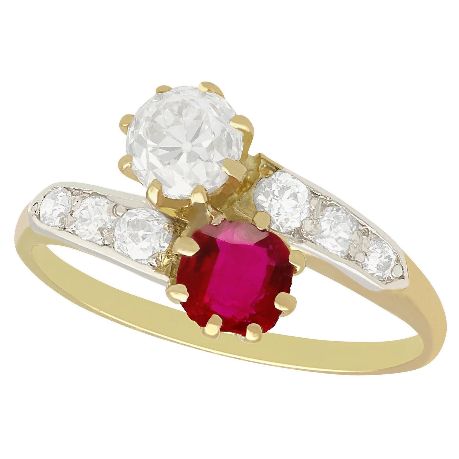 Antique 1910s Ruby Diamond Yellow Gold Twist Engagement Ring For Sale