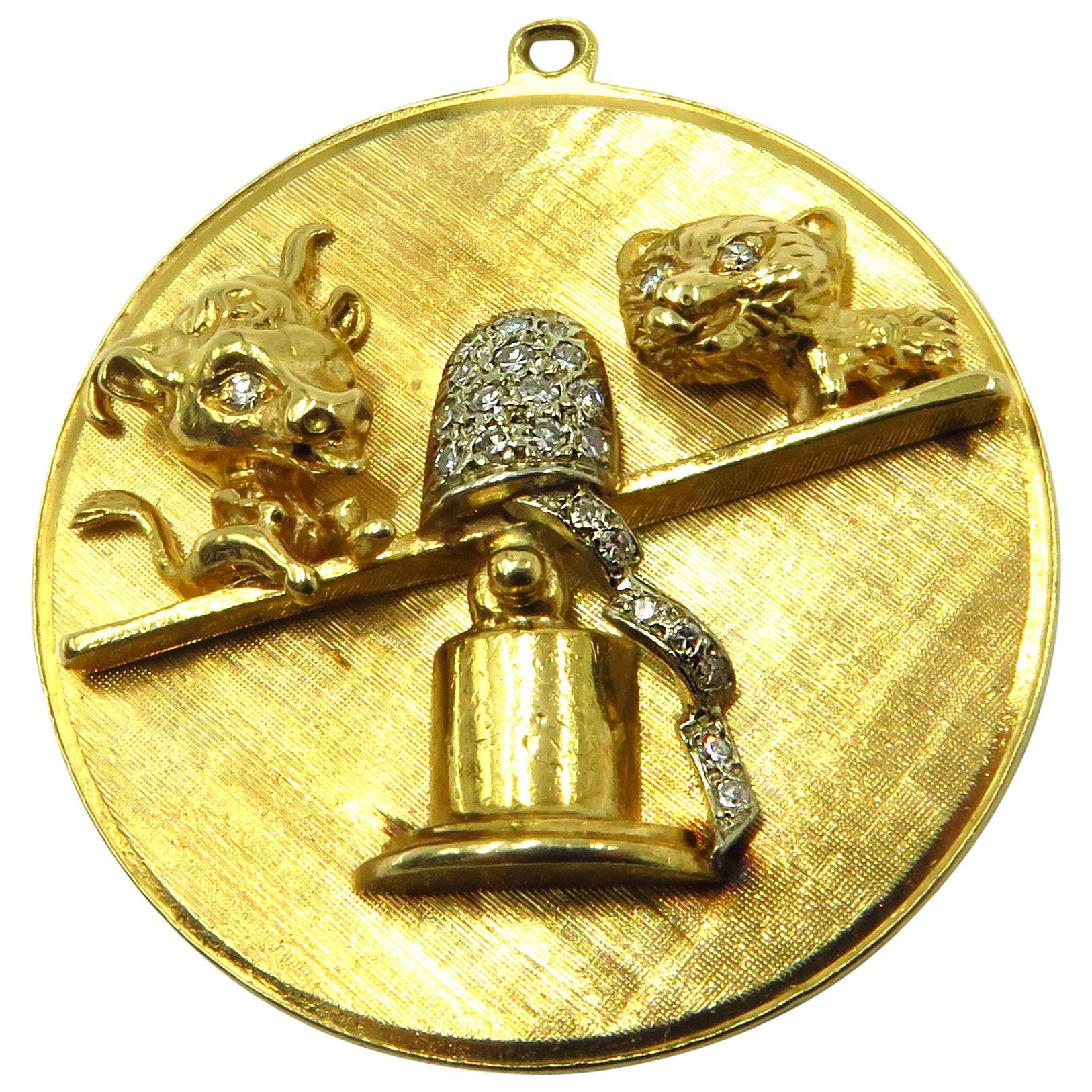 1950s Large Bull and Bear Diamond Gold Ticker Tape Heavy Disk Pendant Charm