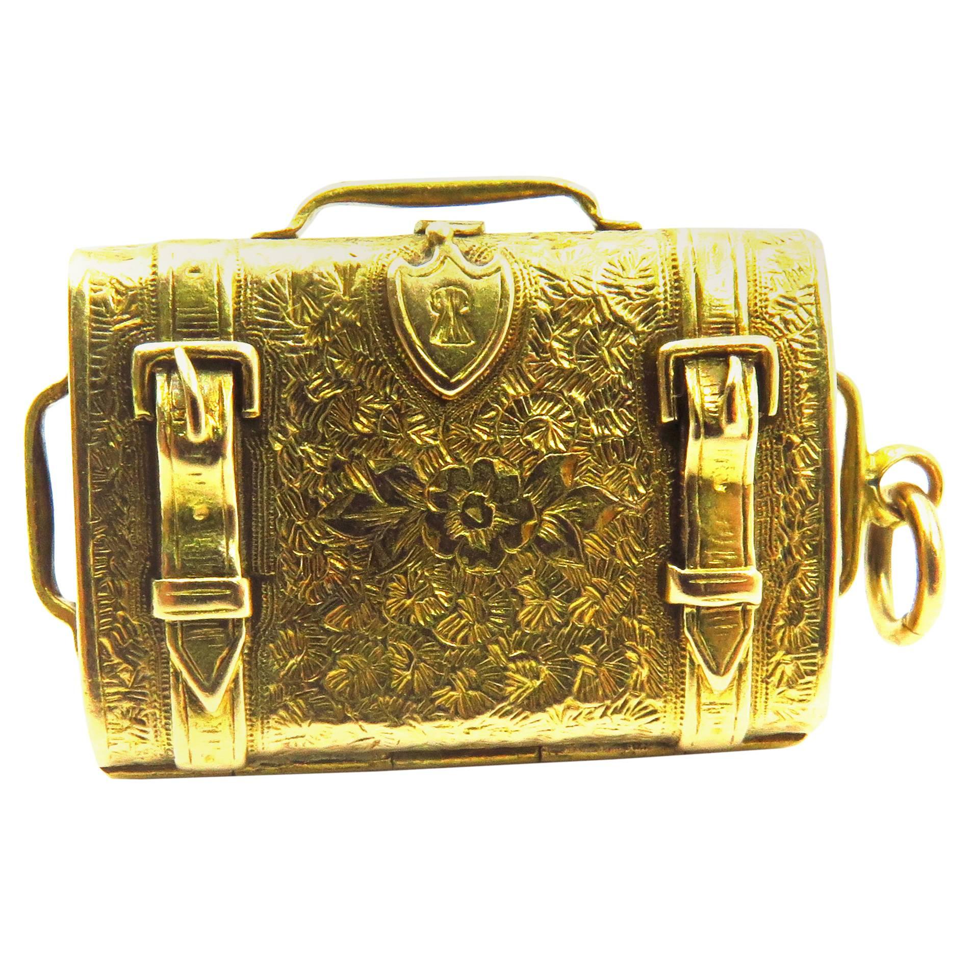 Fabulous Antique Heavily etched Suitcase Motif Gold Locket Charm Pendant