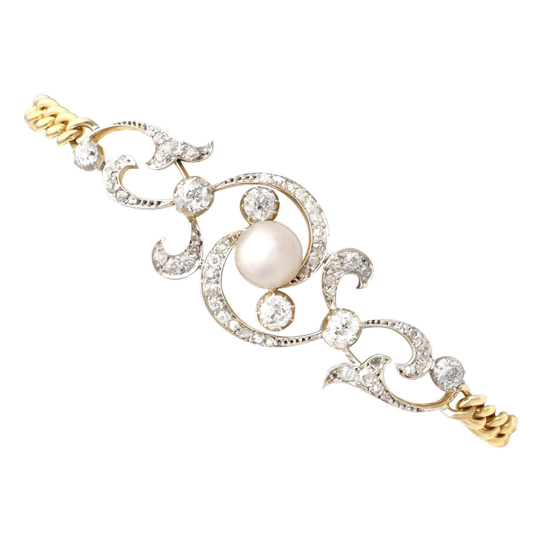 Antique Victorian Natural Pearl and 2.72 Carat Diamond Yellow Gold Bracelet