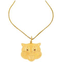 1940s Retro Ruby Gold Crazy Cat Pendant and Chain