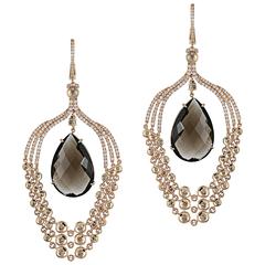 Smoky Quartz Mother of Pearl Diamond Gold Chandelier Earrings
