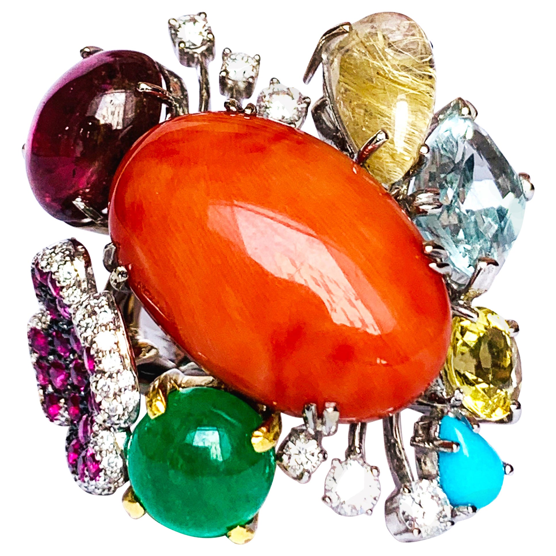 14 Karat White Gold MultiColor Gemstone Diamond Floral Cocktail Ring