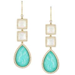 Amazonite White topaz Diamond Gold Drop Earrings