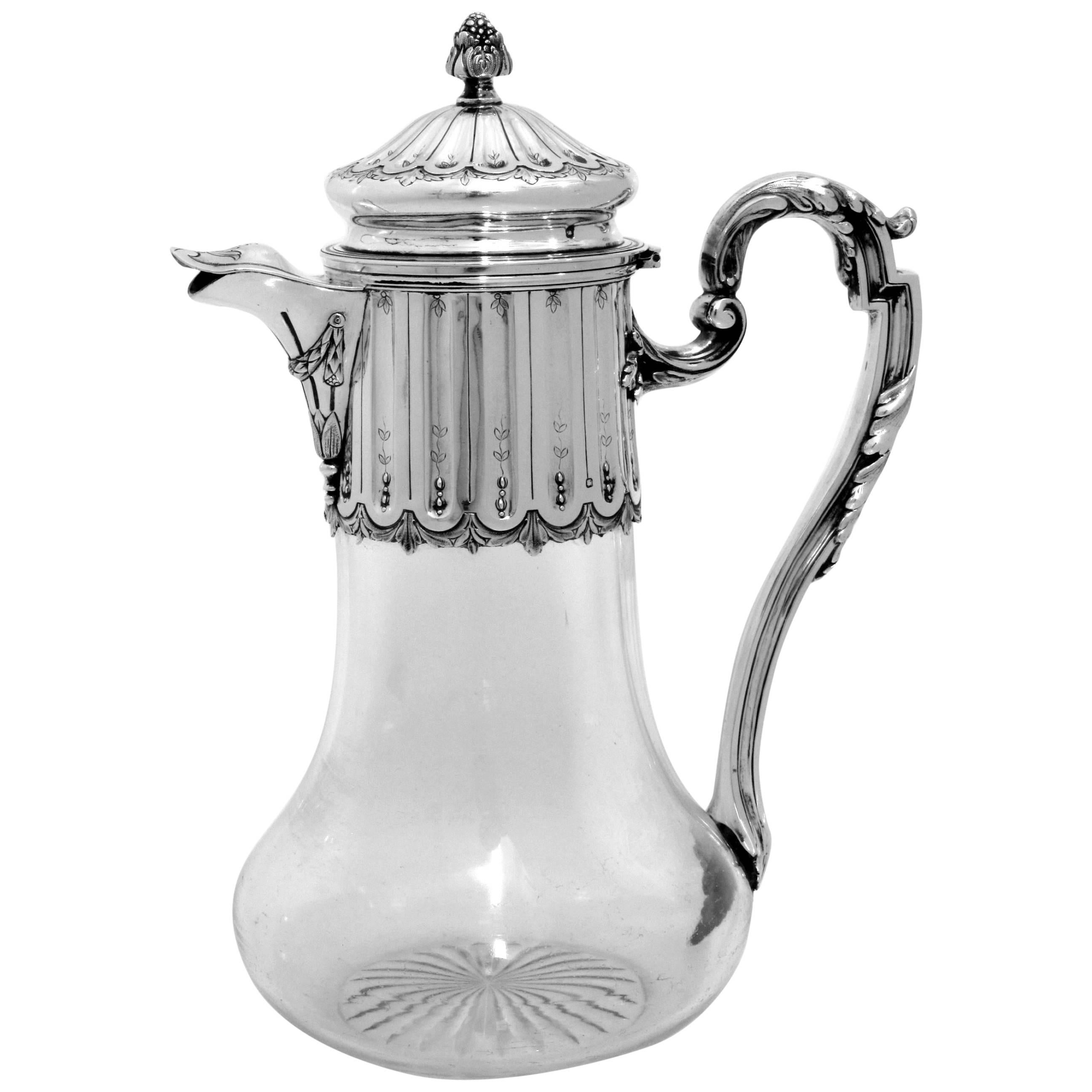 Antique French Sterling Silver Crystal Serving Decanter, Pitcher Neoclassical For Sale