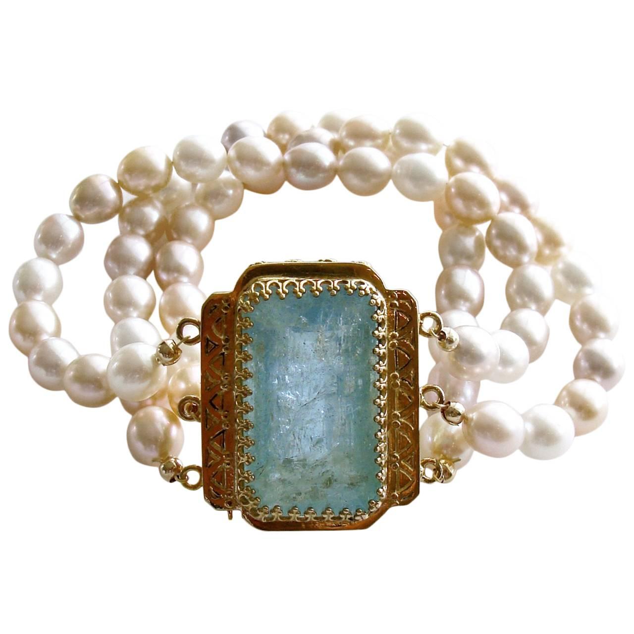 Multicolor Pearl Gold Cuff Bracelet with Aquamarine Clasp