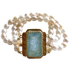 Multicolor Pearl Gold Cuff Bracelet with Aquamarine Clasp